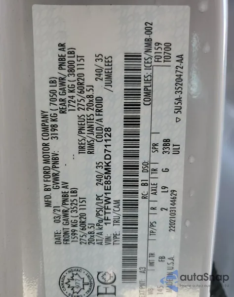 2021 Ford F150 Supercrew из США, поврежденный, VIN 1FTFW1E85MKD71128